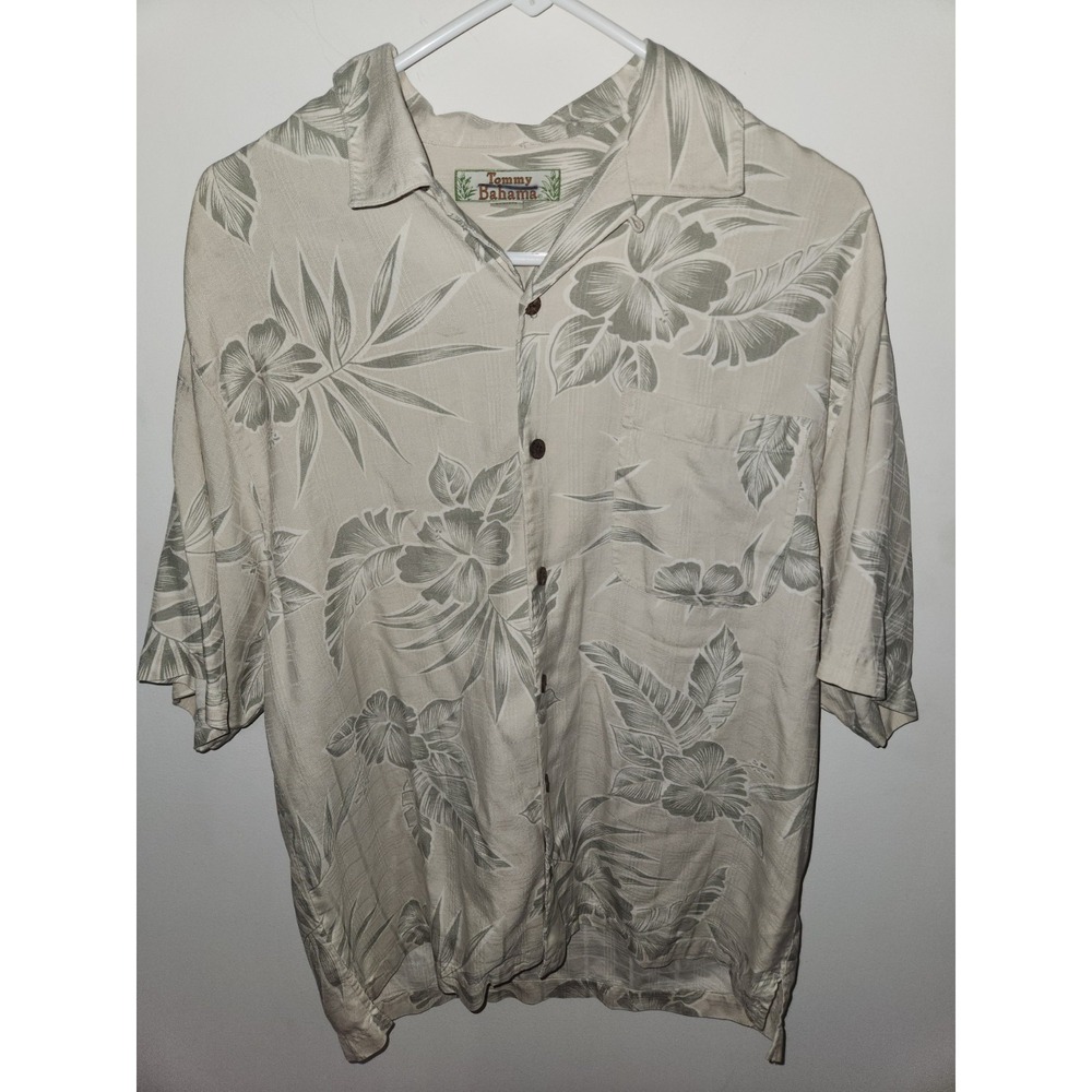 Tommy Bahama Mens 100% Silk Shirt Medium Beige Green Tropical - Picture 2 of 11